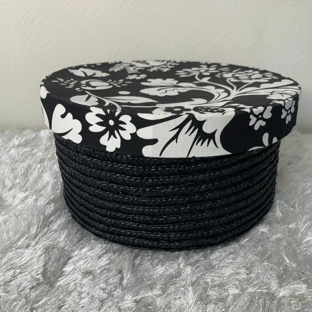 Black Straw Basket Floral Fabric Covered Lid 11 x5